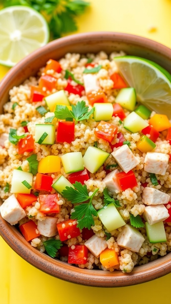 A colorful quinoa and tuna salad with bell peppers, cucumbers, and parsley in a rustic bowl, garnished with lime.